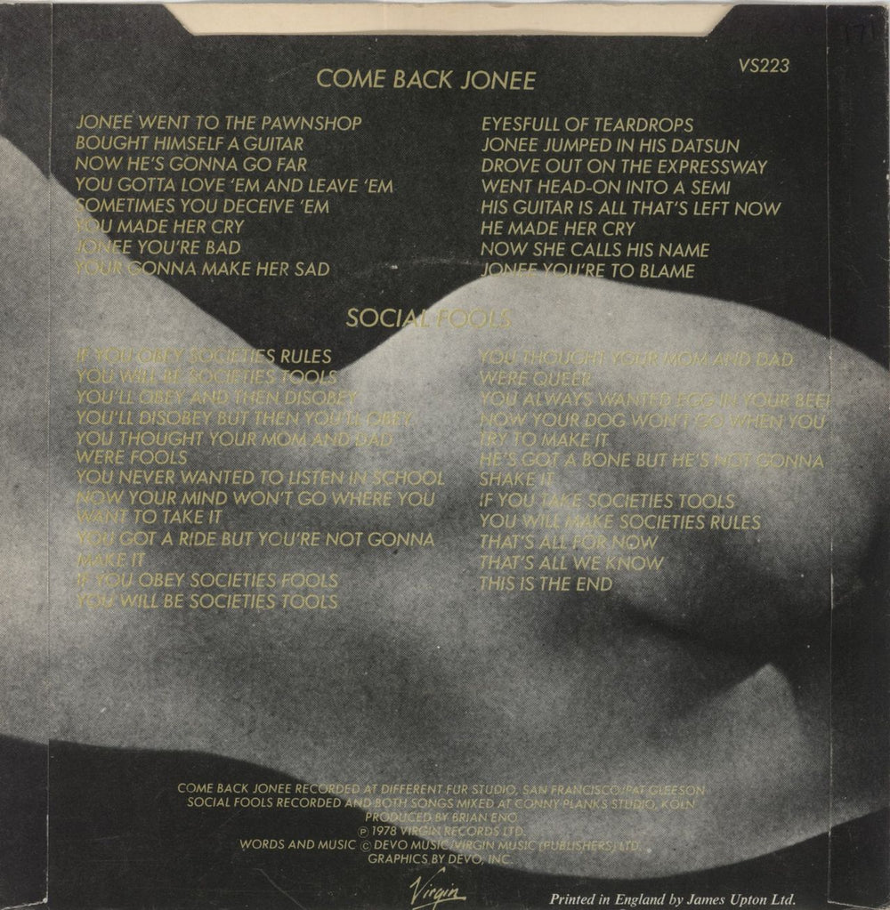 Devo Come Back Jonee - Grey Vinyl + Stickered Sleeve - EX UK 7" vinyl single (7 inch record / 45)