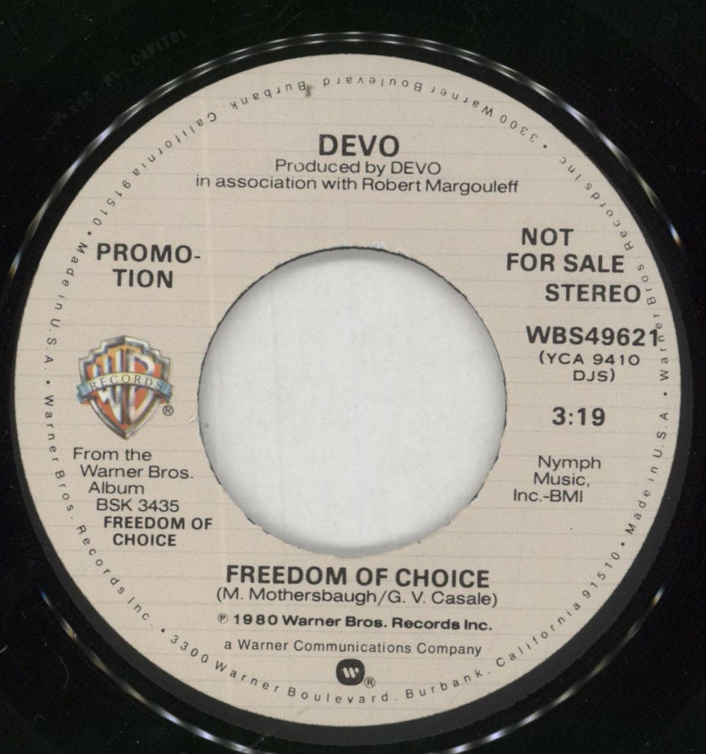 Devo Freedom Of Choice / Snowball US Promo 7" vinyl single (7 inch record / 45) DVO07FR858061