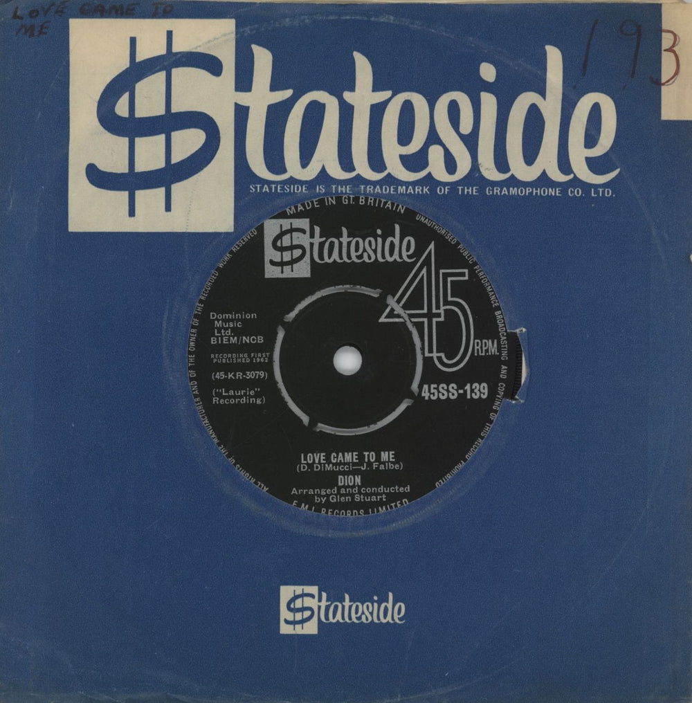 Dion Love Came To Me UK 7" vinyl single (7 inch record / 45) 45SS-139