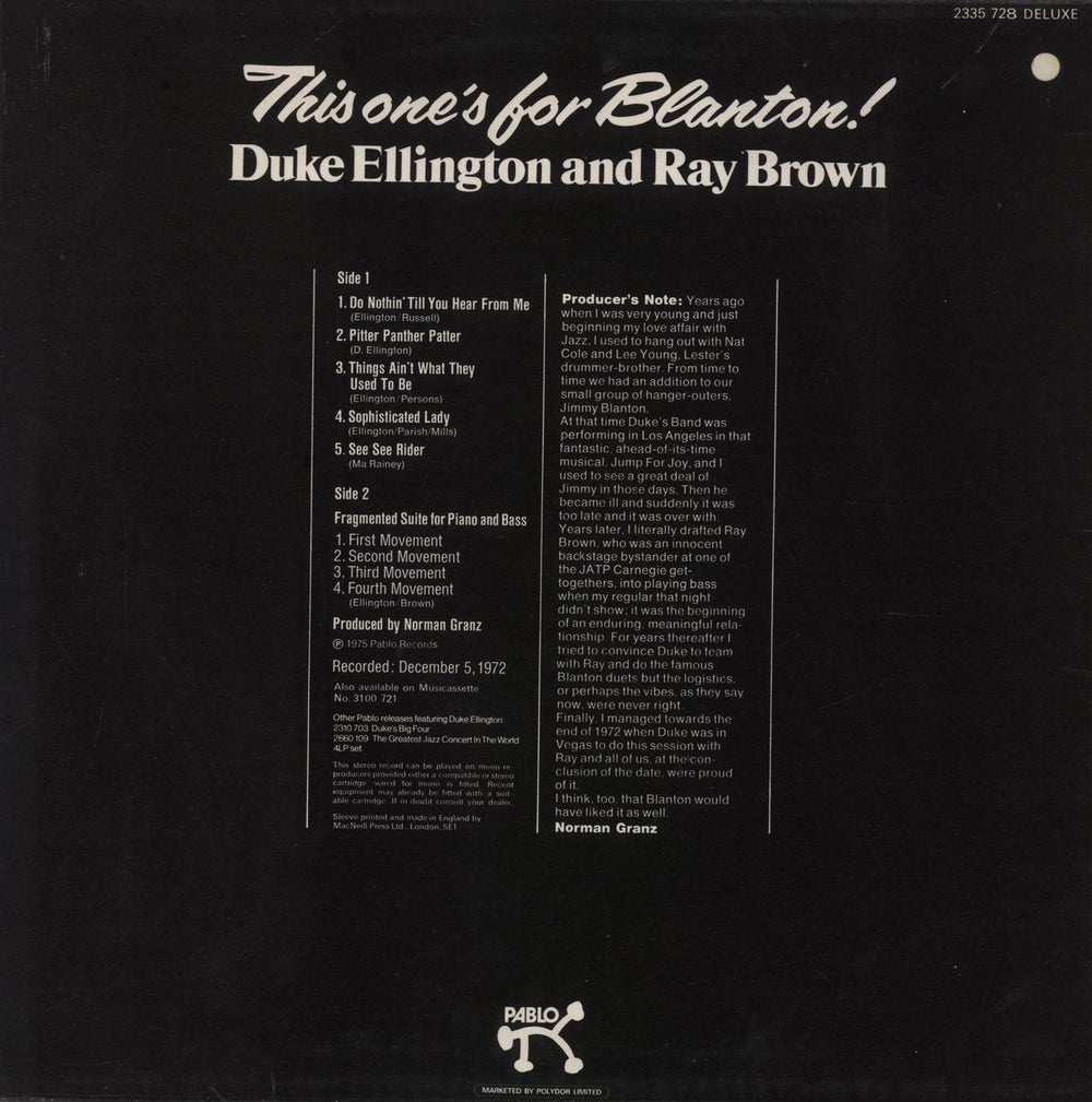 Duke Ellington This One's For Blanton + insert UK vinyl LP album (LP record)