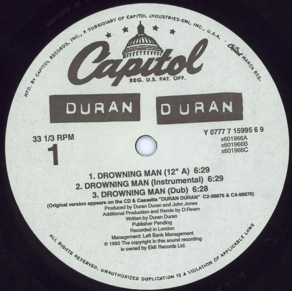 Duran Duran Drowning Man US 12" vinyl single (12 inch record / Maxi-single) DDN12DR18766