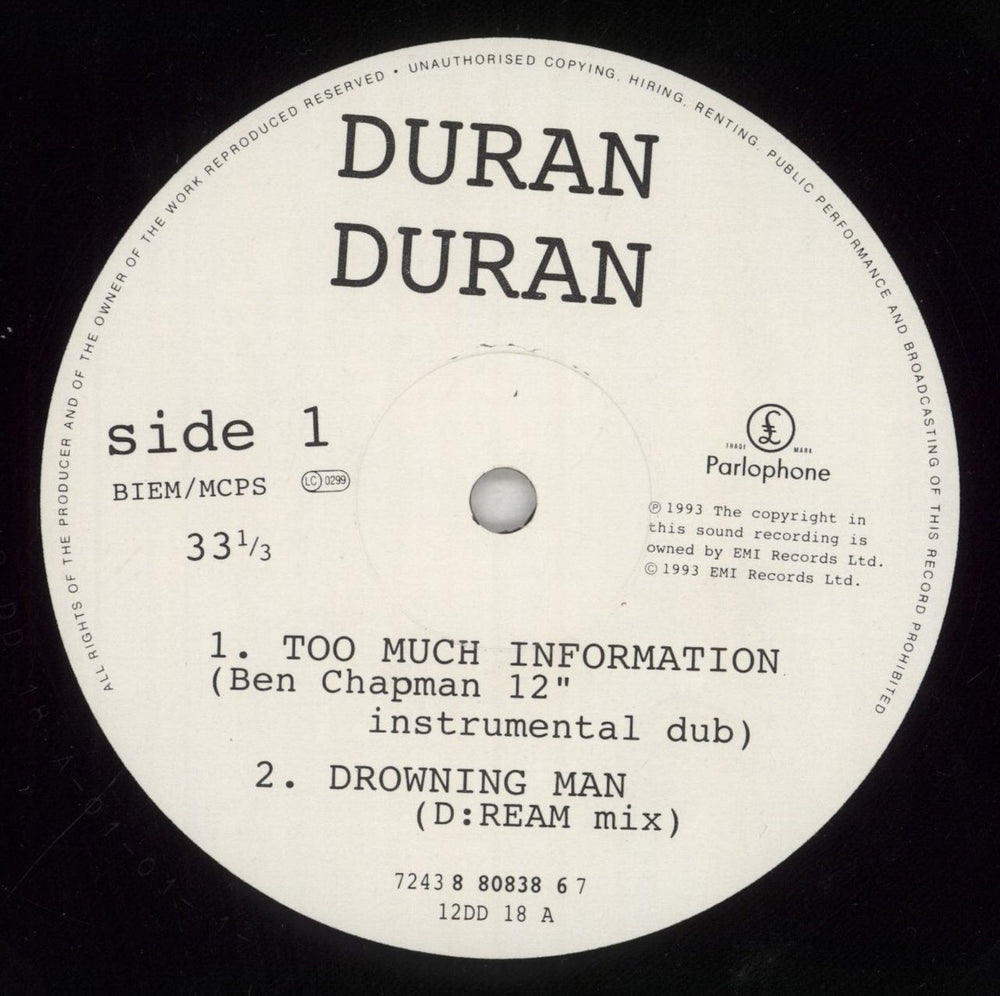 Duran Duran Too Much Information UK 12" vinyl single (12 inch record / Maxi-single) DDN12TO21761