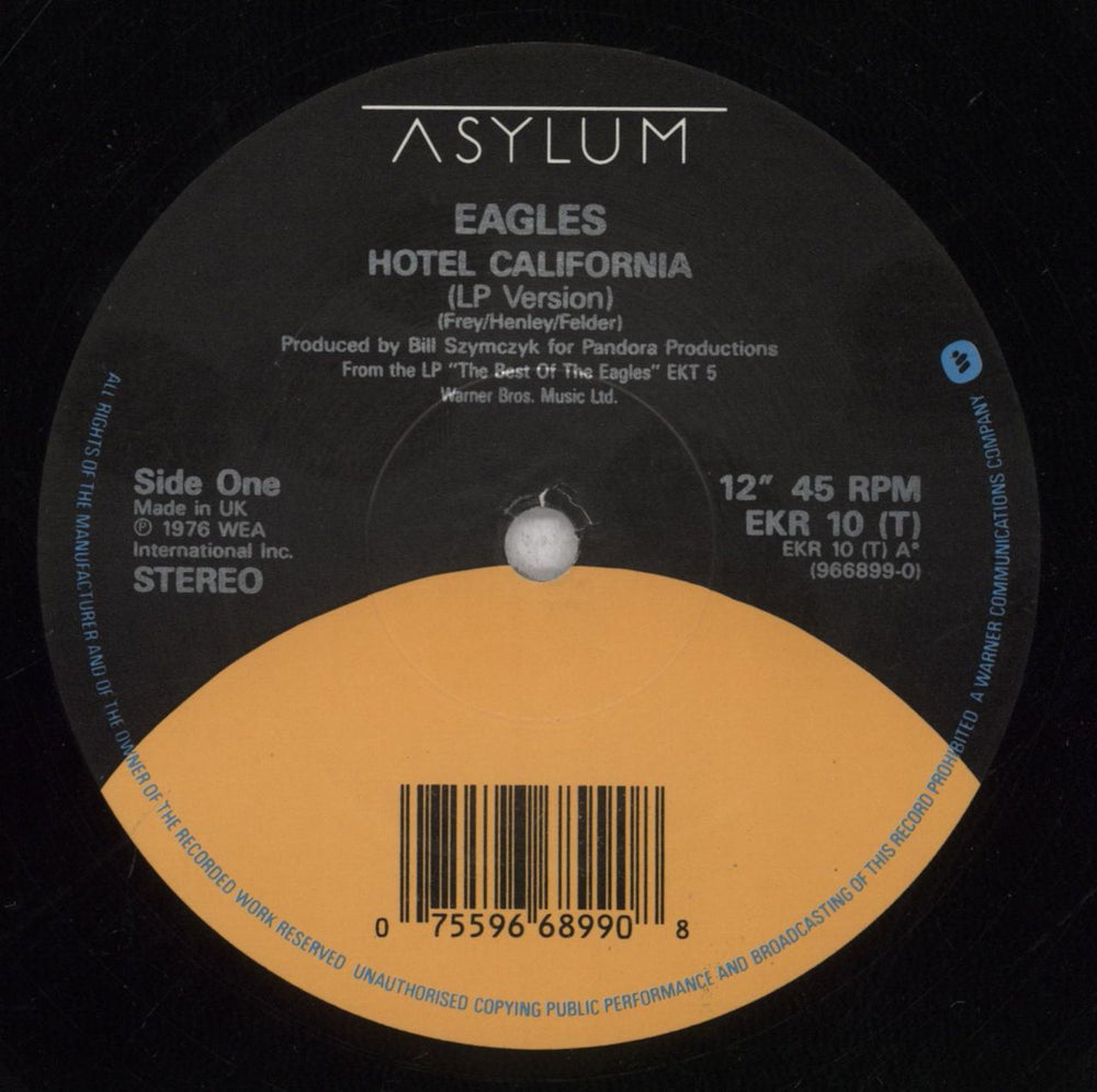 Eagles Hotel California UK 12" vinyl single (12 inch record / Maxi-single) EAG12HO845401