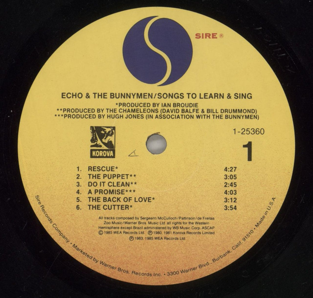 Echo & The Bunnymen Songs To Learn And Sing US vinyl LP album (LP record) ECHLPSO560064