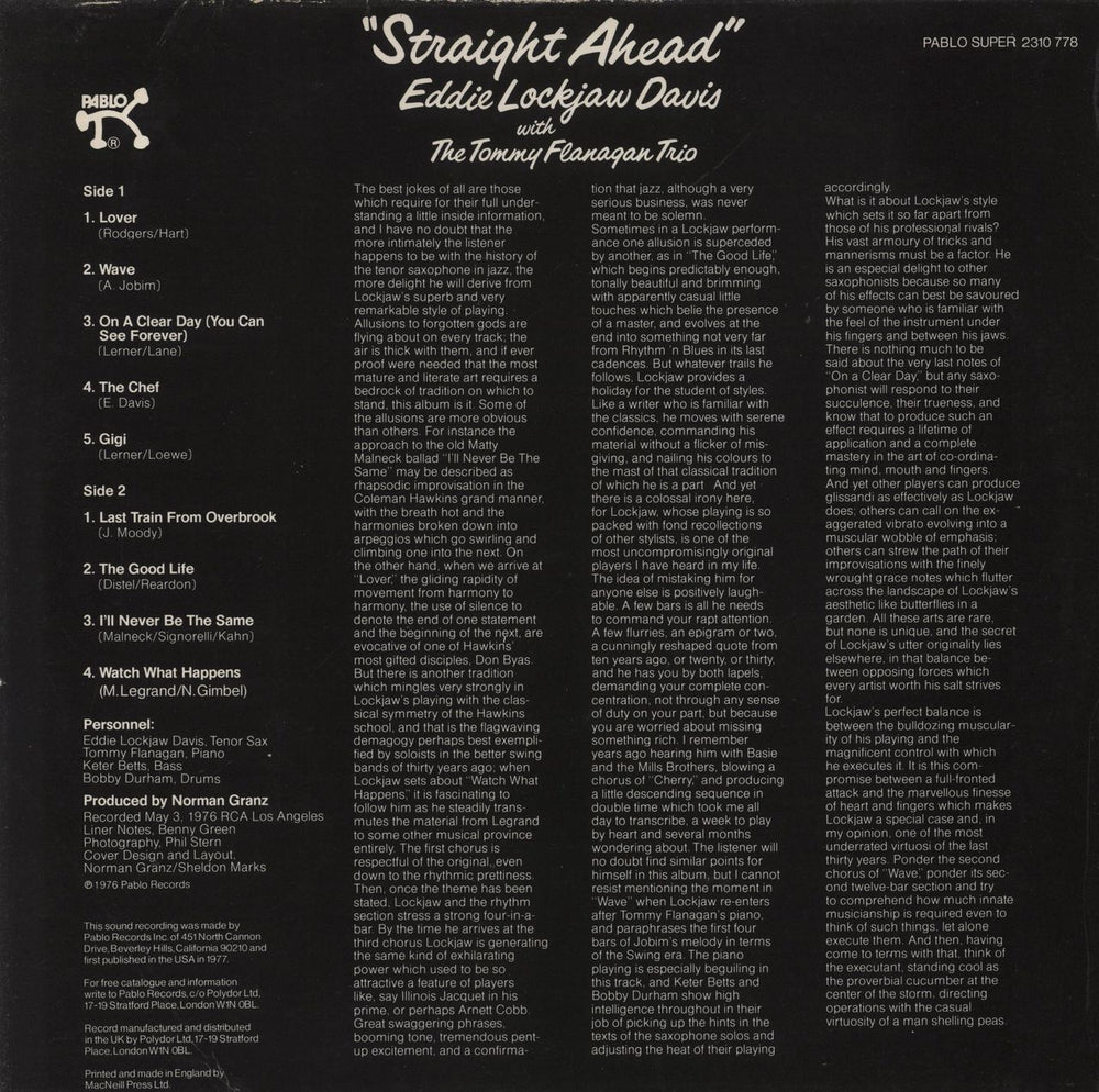 Eddie 'Lockjaw' Davis Straight Ahead UK vinyl LP album (LP record)