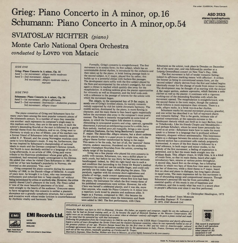 Edvard Grieg Piano Concerto In A Minor, op. 16 / Piano Concerto In A Minor, op. 54 UK vinyl LP album (LP record)