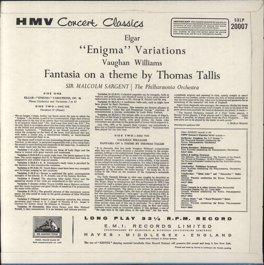 Edward Elgar Elgar: The Enigma Variations / Williams: Fantasia On A Theme By Thomas Tallis UK vinyl LP album (LP record)