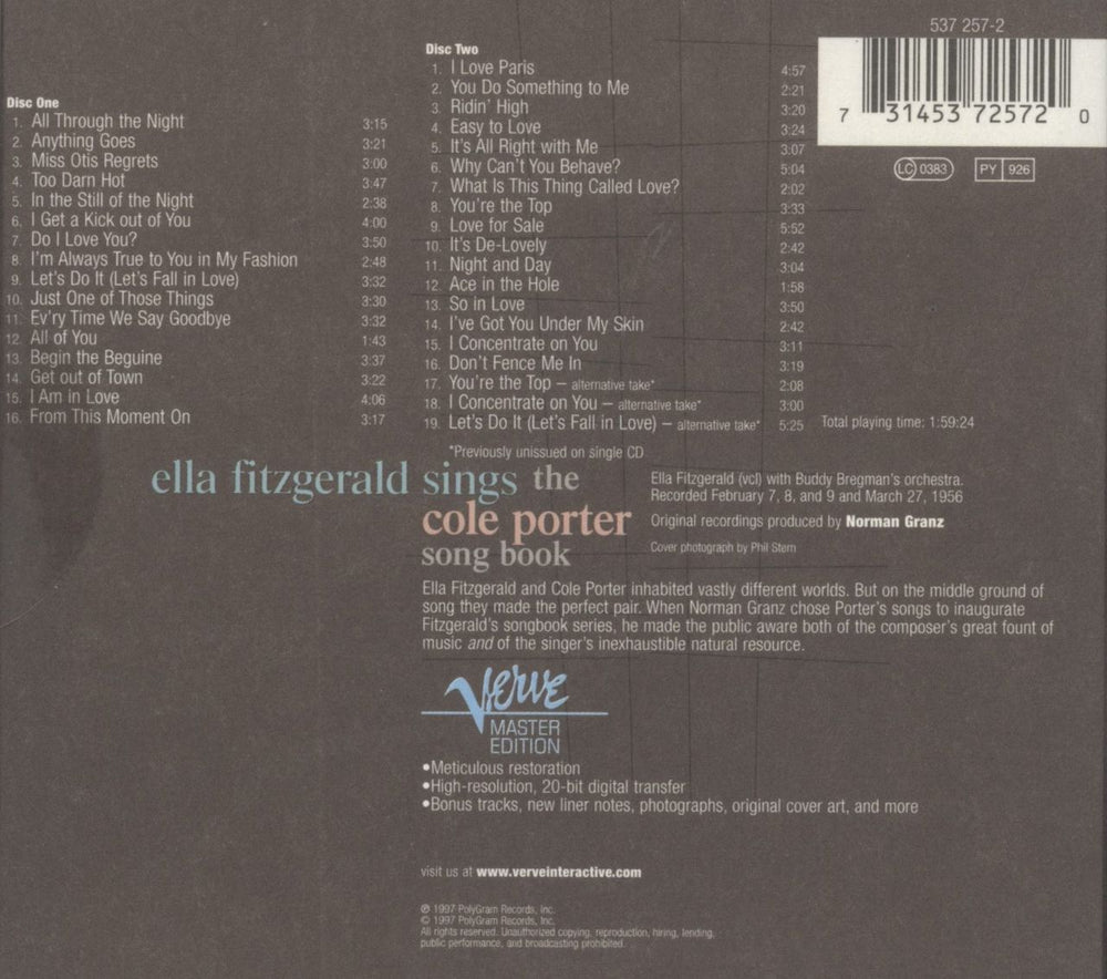 Ella Fitzgerald Sings The Cole Porter Song Book UK 2 CD album set (Double CD)