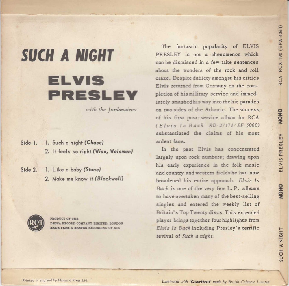 Elvis Presley Such A Night EP - Silver Spot - Round UK 7" vinyl single (7 inch record / 45) ELV07SU240820