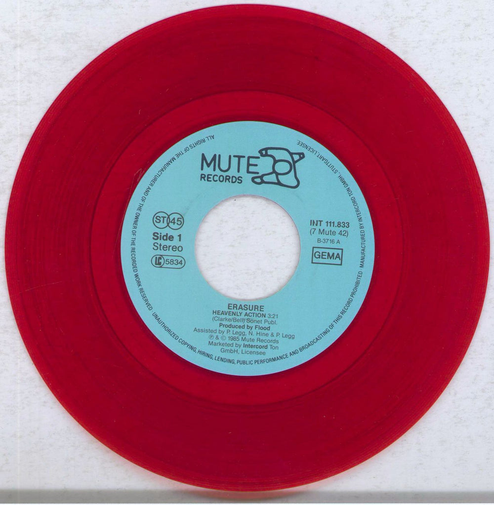 Erasure Heavenly Action - Red Vinyl German 7" vinyl single (7 inch record / 45) ERA07HE45653