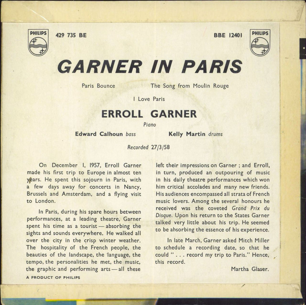 Erroll Garner Garner In Paris UK 7" vinyl single (7 inch record / 45)