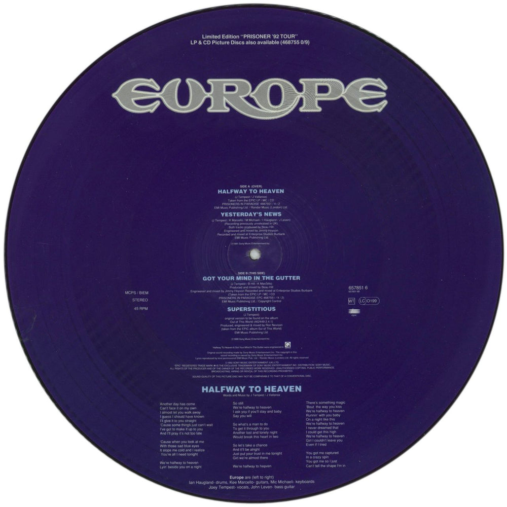 Europe Halfway To Heaven UK 12" vinyl picture disc (12 inch picture record) ERP2PHA131445