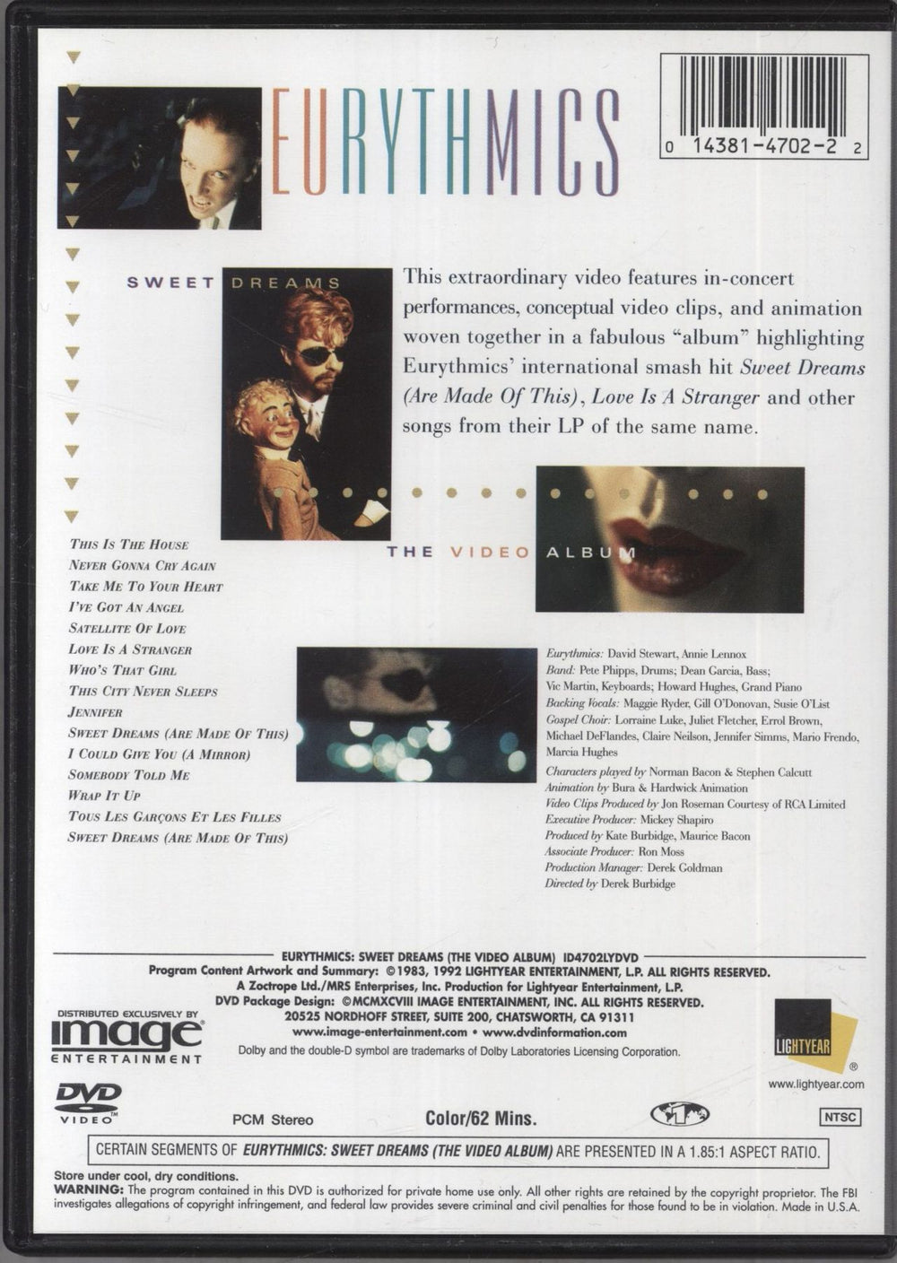 Eurythmics Sweet Dreams - The Video Album US DVD