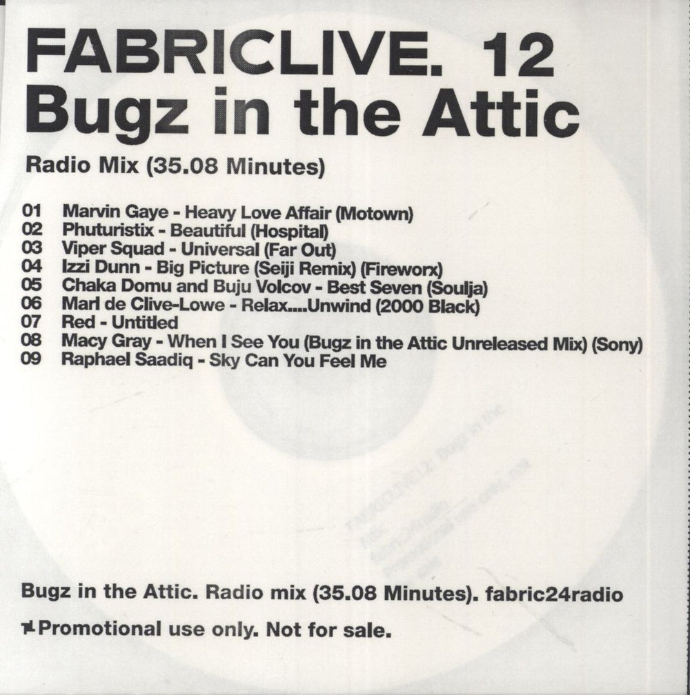 Fabric Bugz In The Attic UK Promo CD-R acetate FABRIC24RADIO