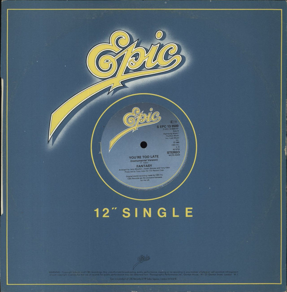 Fantasy (80s) You're Too Late UK 12" vinyl single (12 inch record / Maxi-single)