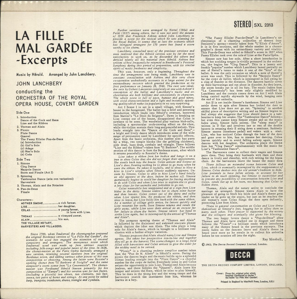 Ferdinand Herold La Fille Mal Gardee - Excerpts - 2nd UK vinyl LP album (LP record)