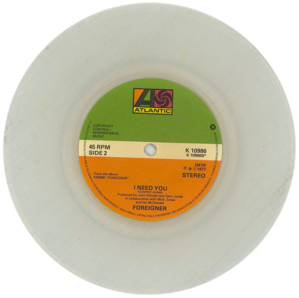 Foreigner Cold As Ice - Clear Vinyl UK 7" vinyl single (7 inch record / 45) FOR07CO184628