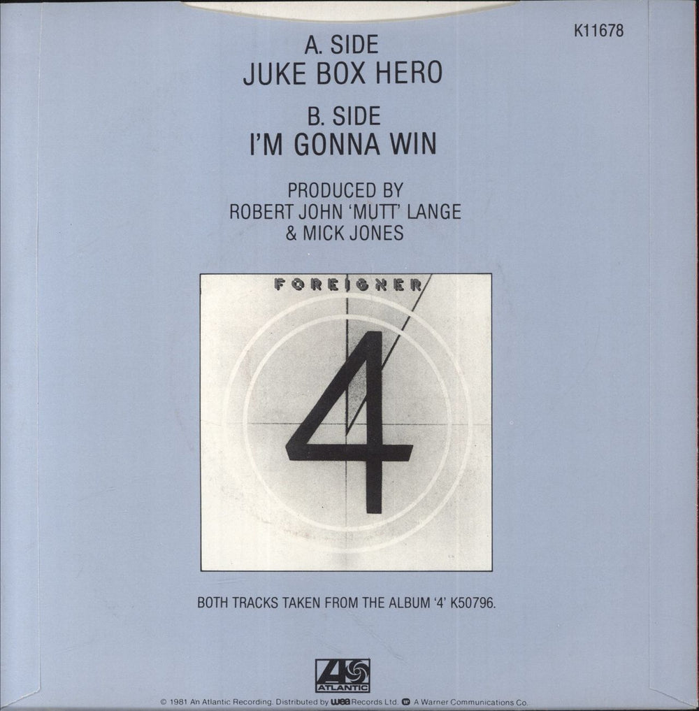 Foreigner Juke Box Hero UK 7" vinyl single (7 inch record / 45)