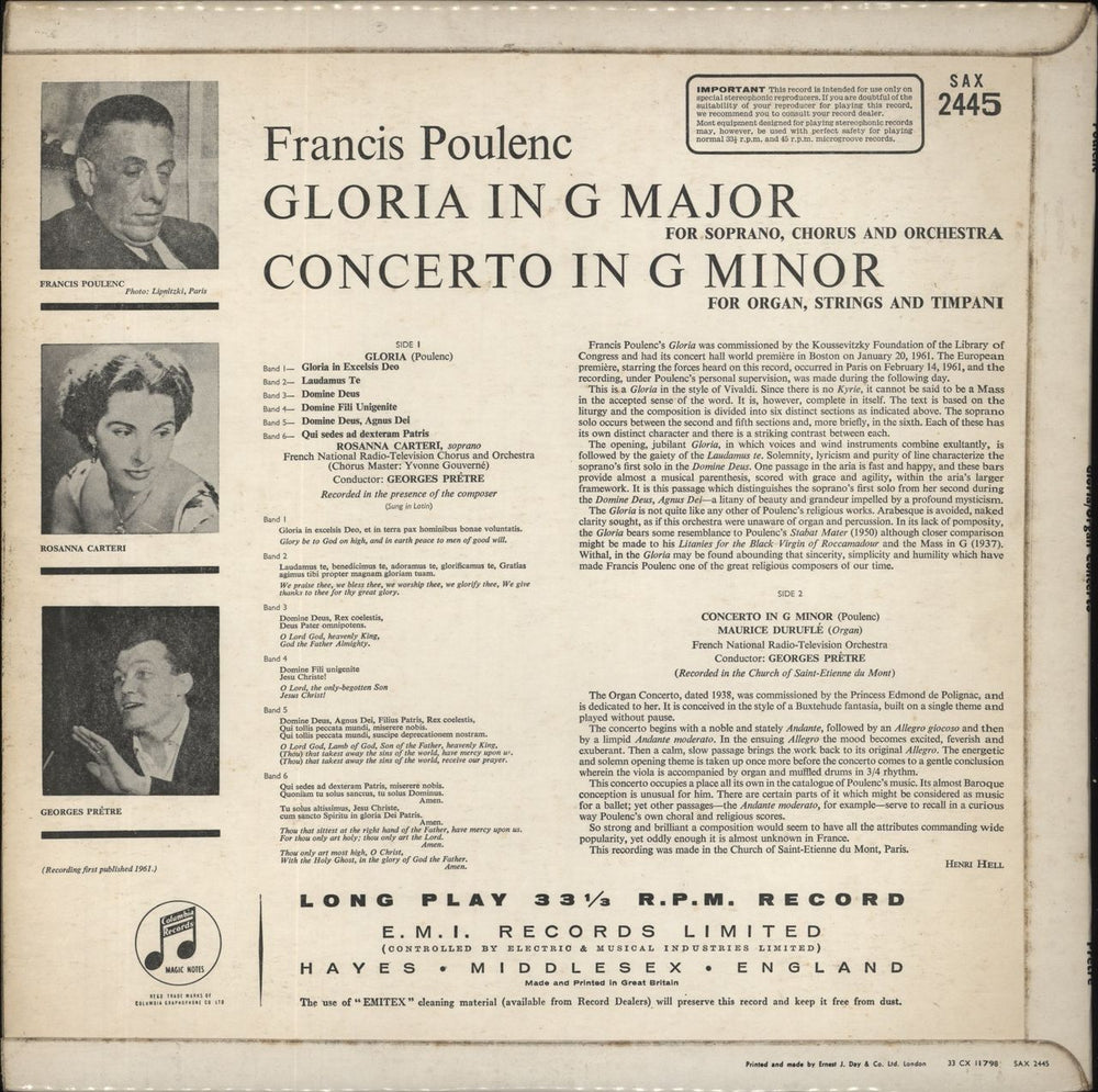 Francis Poulenc Gloria In G Major / Concerto In G Minor - 2nd UK vinyl LP album (LP record)