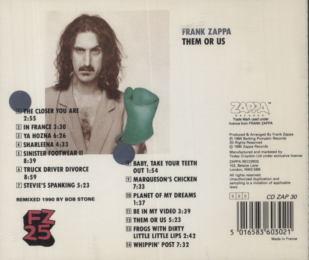 Frank Zappa Them Or Us UK CD album (CDLP) 014431054327