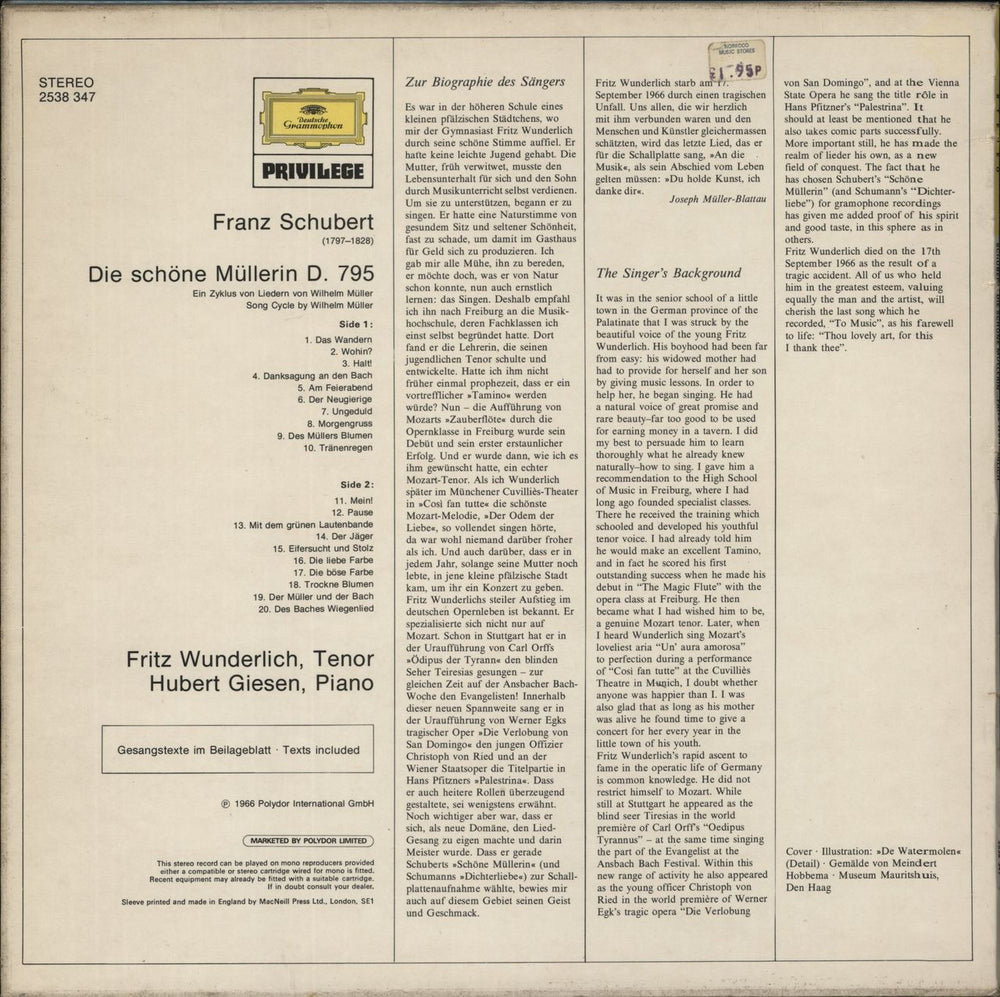 Franz Schubert Schubert: Die Schöne Müllerin UK vinyl LP album (LP record)