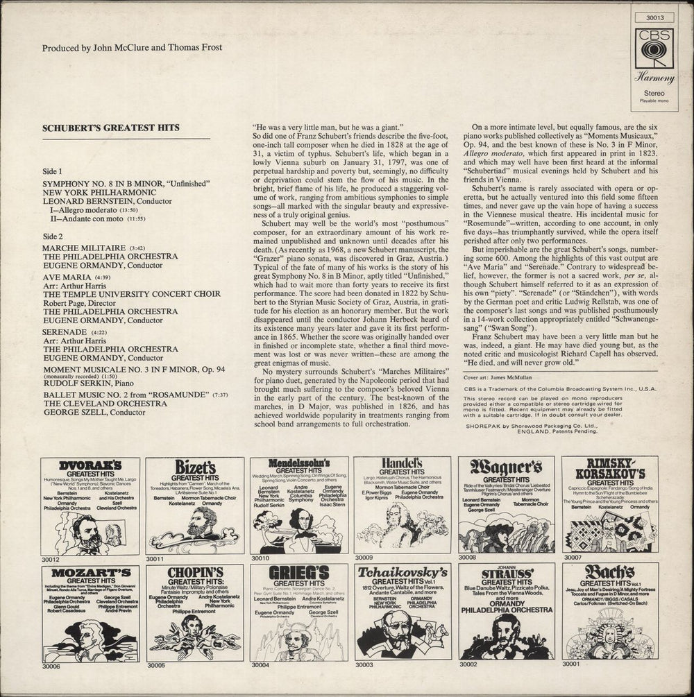 Franz Schubert Schubert's Greatest Hits UK vinyl LP album (LP record)