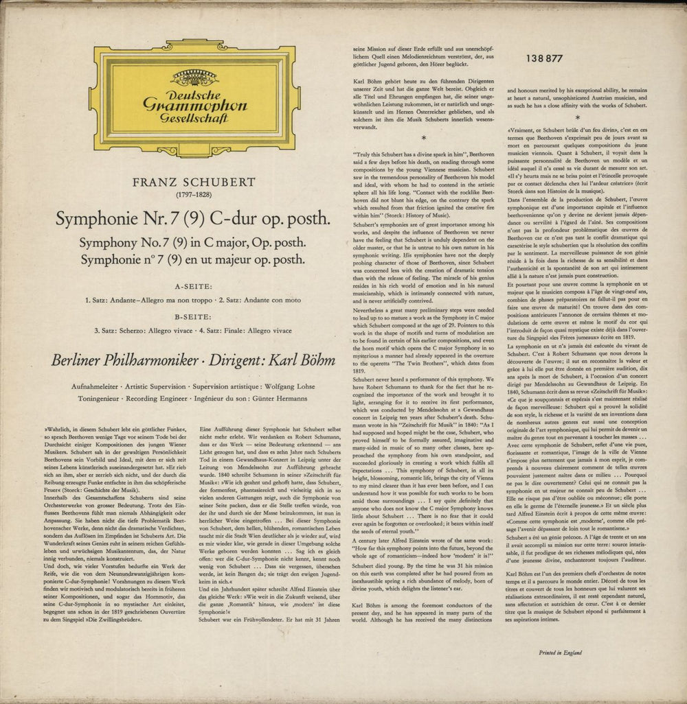 Franz Schubert Symphonie Nr.7 (9) Op. Posth. UK vinyl LP album (LP record)
