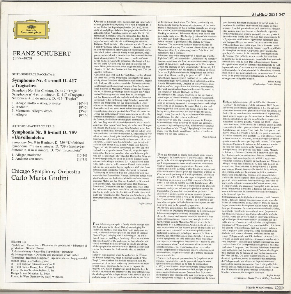 Franz Schubert Symphonies Nos. 4 & 8 German vinyl LP album (LP record)