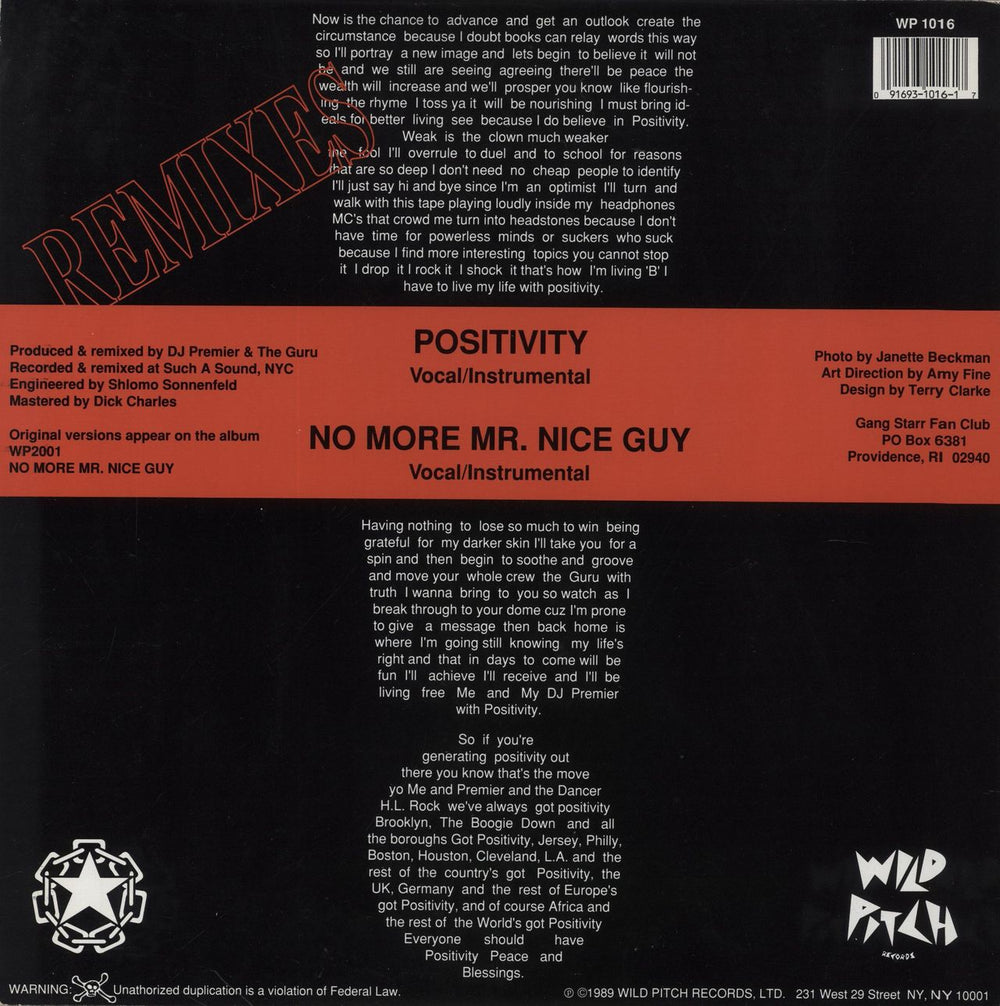 Gang Starr Positivity US 12" vinyl single (12 inch record / Maxi-single)
