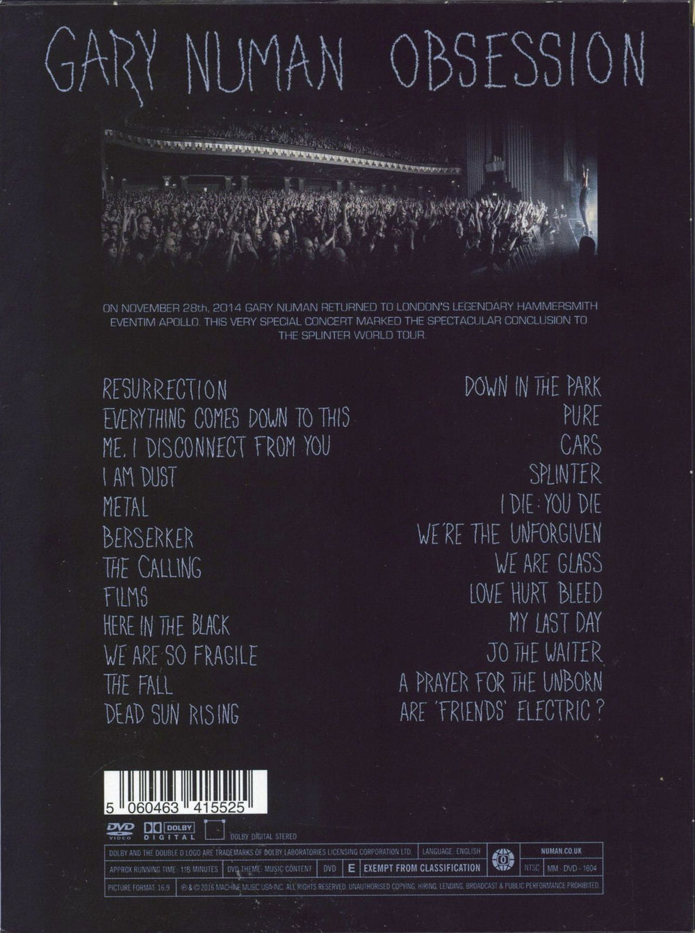 Gary Numan Obsession Live At The Hammersmith Eventim Apollo UK DVD 5060463415525