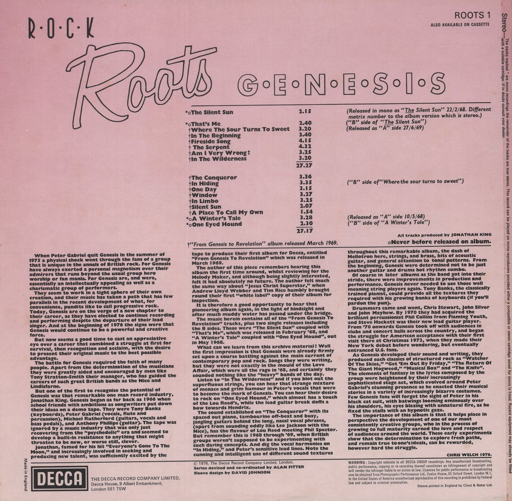 Genesis Rock Roots UK vinyl LP album (LP record)