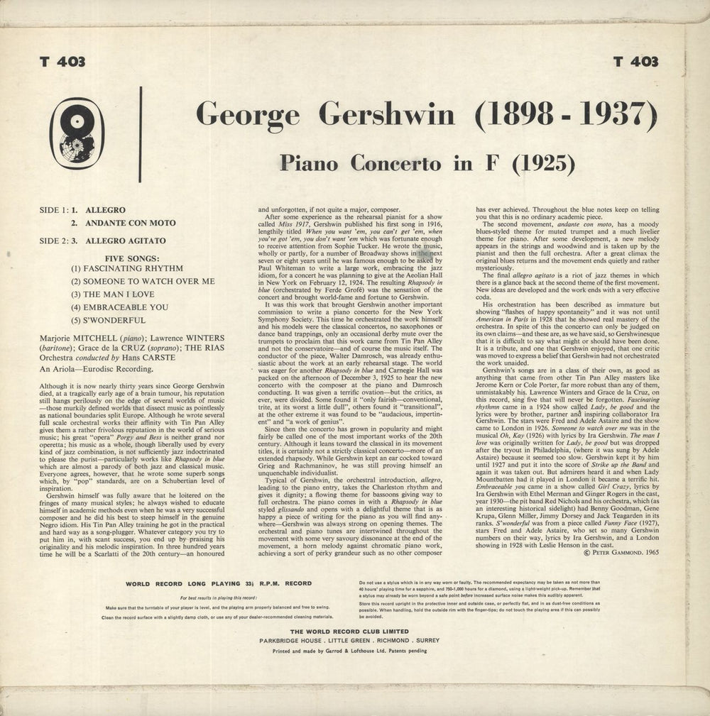 George Gershwin Piano Concerto UK vinyl LP album (LP record)