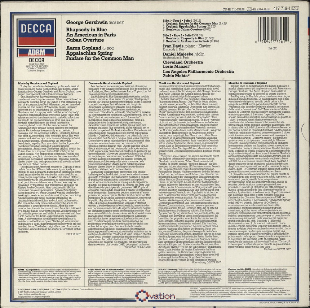 George Gershwin Rhapsody in Blue, An American in Paris & Cuban Overture UK vinyl LP album (LP record) 028941771612