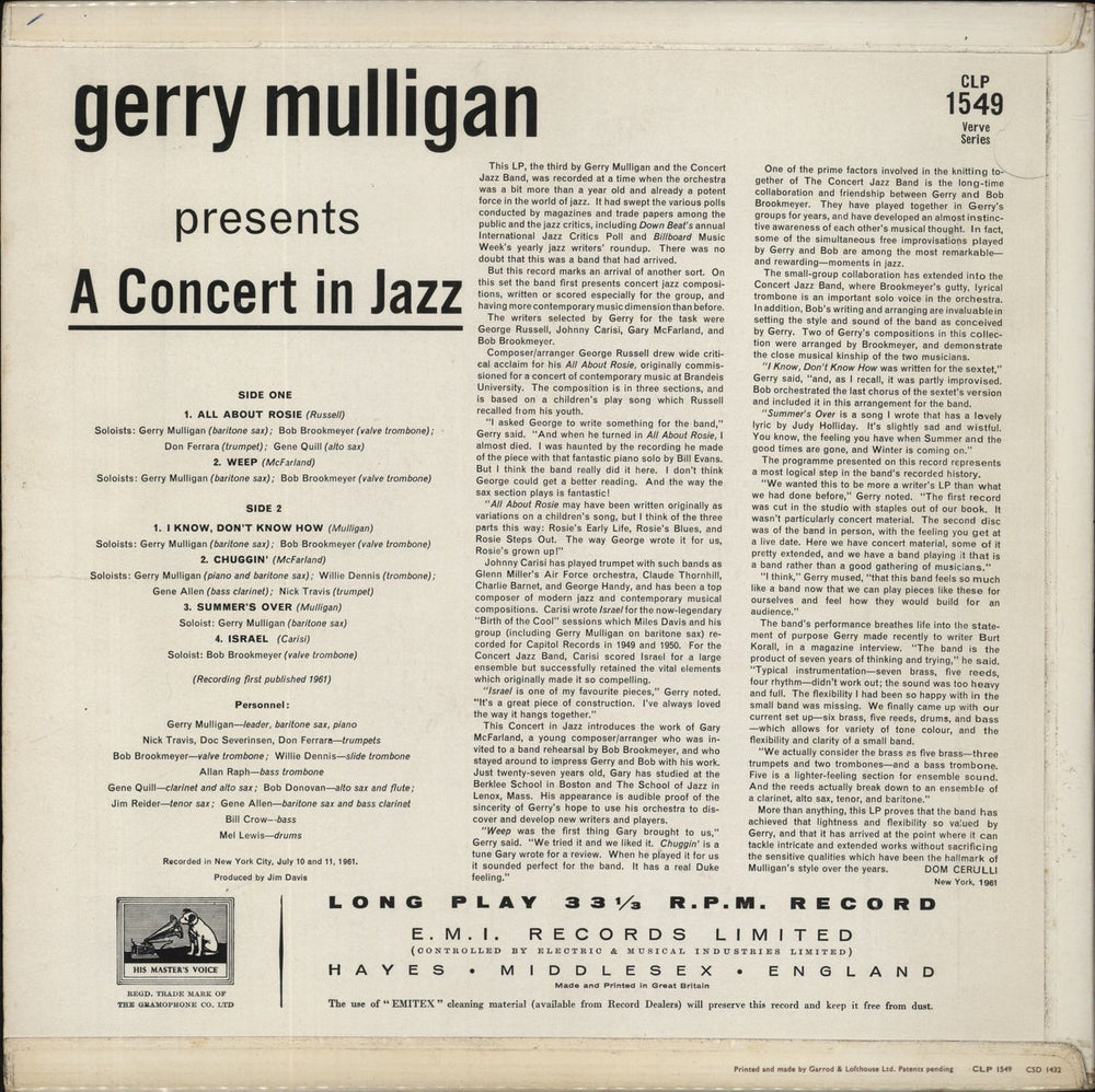 Gerry Mulligan A Concert In Jazz UK vinyl LP album (LP record)