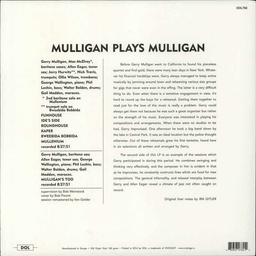 Gerry Mulligan Mulligan Plays Mulligan US vinyl LP album (LP record) 889397278212