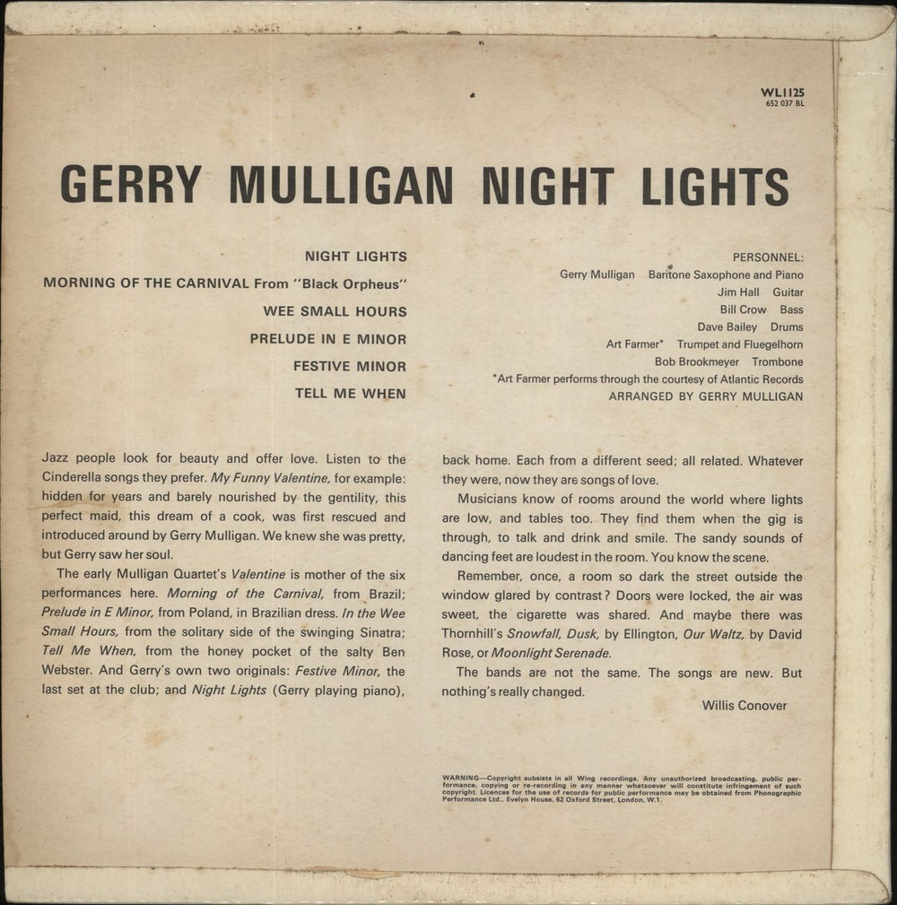 Gerry Mulligan Night Lights UK vinyl LP album (LP record)
