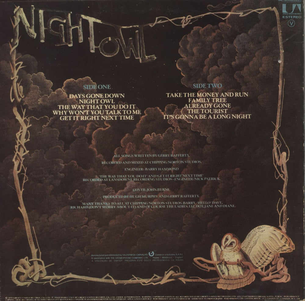 Gerry Rafferty Night Owl Portuguese vinyl LP album (LP record)