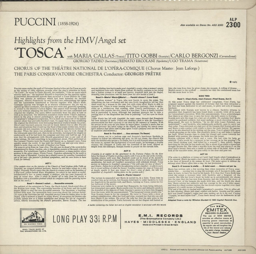 Giacomo Puccini Highlights From "Tosca" UK vinyl LP album (LP record)