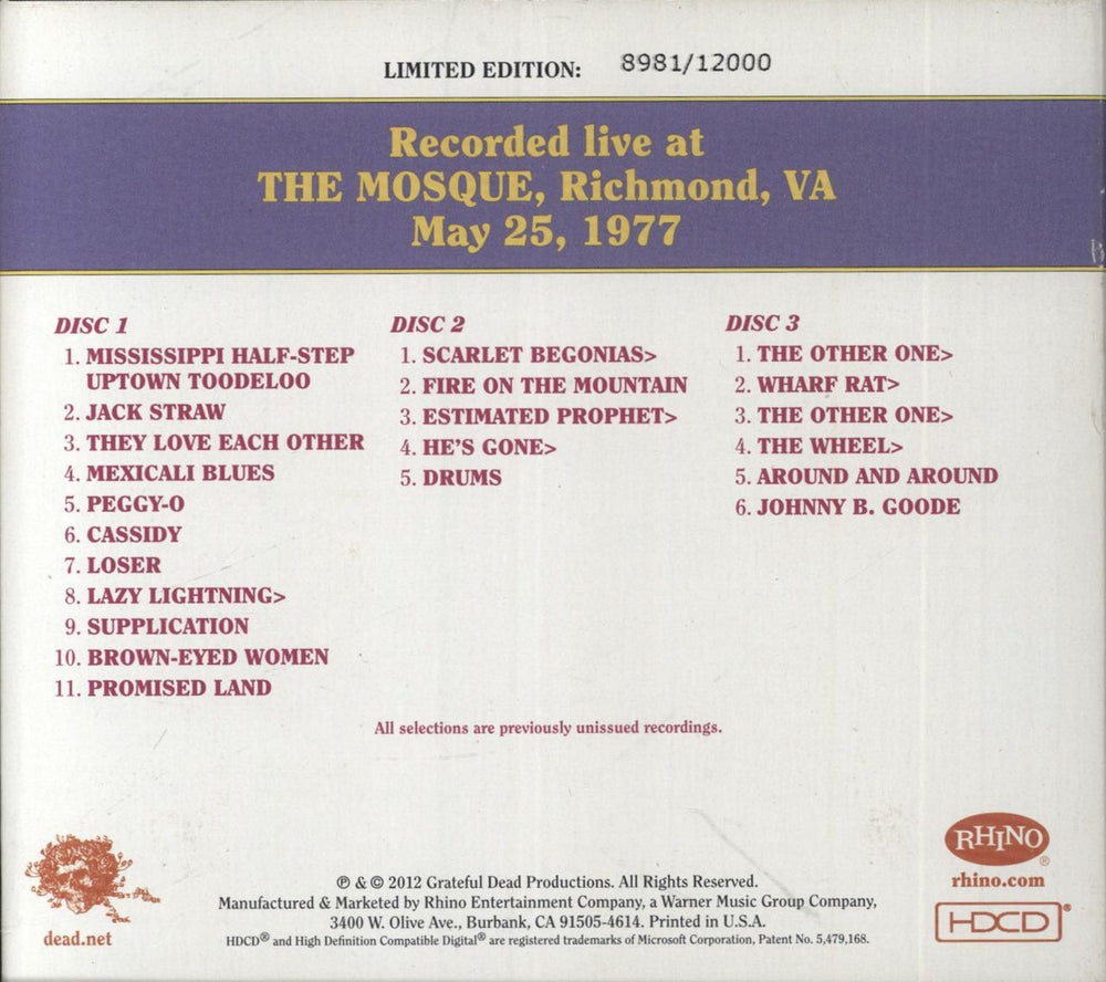 Grateful Dead Dave's Picks Volume 1: The Mosque, Richmond, VA 5/25/77 US 3-CD album set (Triple CD)
