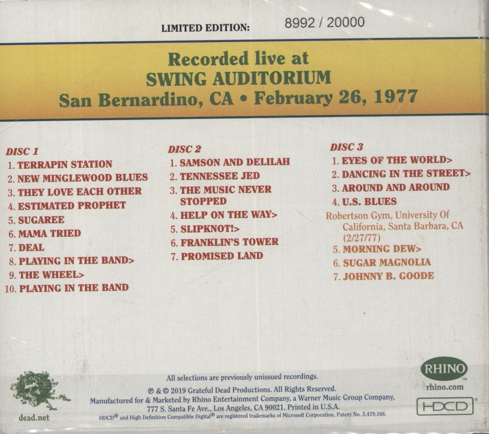 Grateful Dead Dave's Picks Volume 29: Swing Auditorium, San Bernardino, CA 2/26/77 US 3-CD album set (Triple CD)