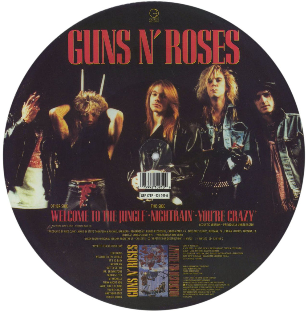 Guns N Roses Welcome To The Jungle + hype sticker UK 12" vinyl picture disc (12 inch picture record) 075992109109