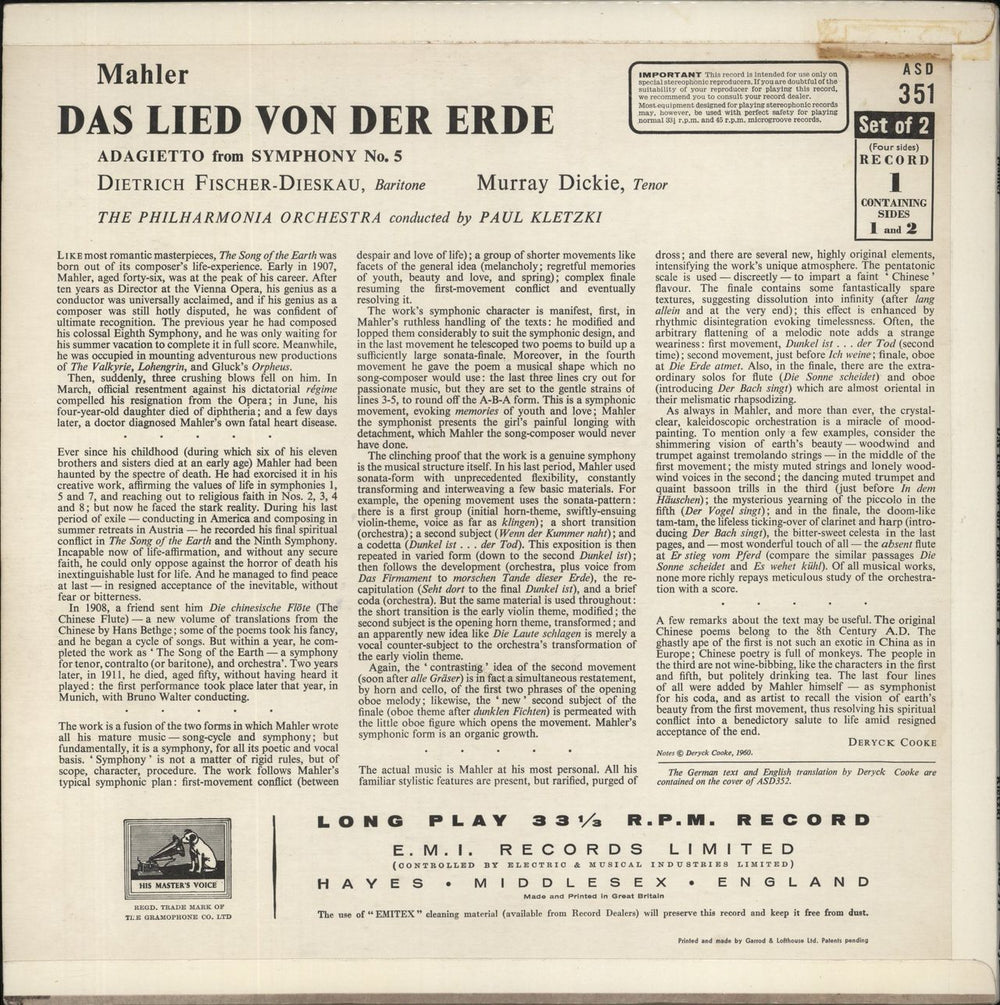 Gustav Mahler Mahler: Das Lied Von Der Erde UK 2-LP vinyl record set (Double LP Album) 1960