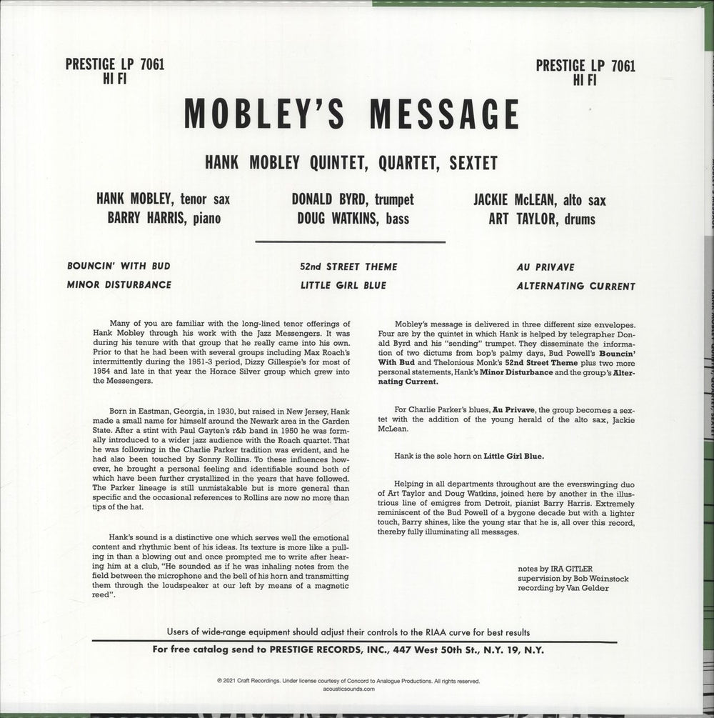 Hank Mobley Mobley's Message - 200gm US vinyl LP album (LP record) 753088706110