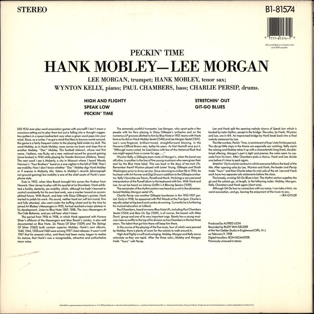 Hank Mobley Peckin' Time US vinyl LP album (LP record)