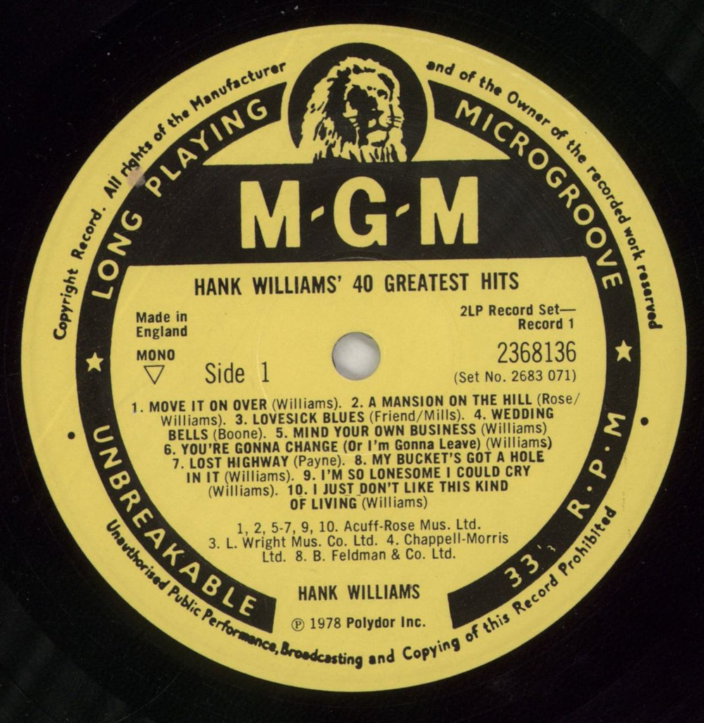 Hank Williams 40 Greatest Hits - yellow label UK 2-LP vinyl record set (Double LP Album) HNK2LGR316169