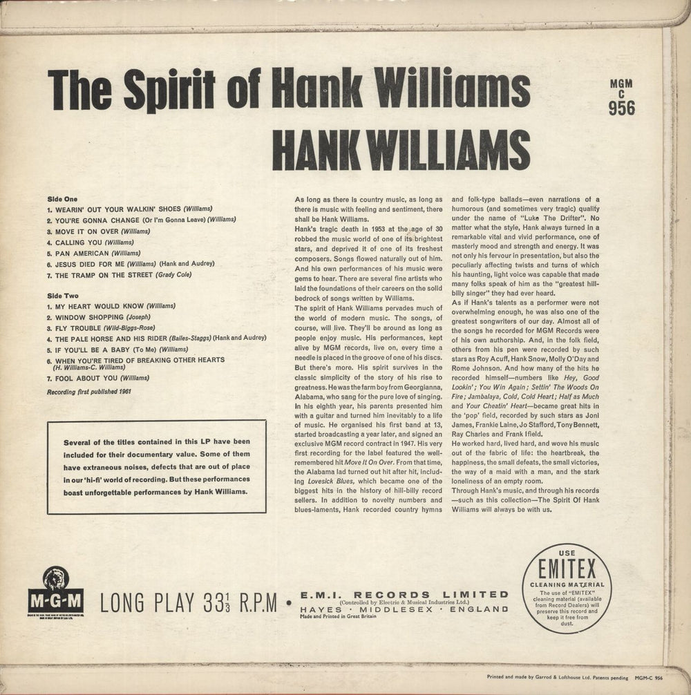 Hank Williams The Spirit Of Hank Williams - 1st UK vinyl LP album (LP record)