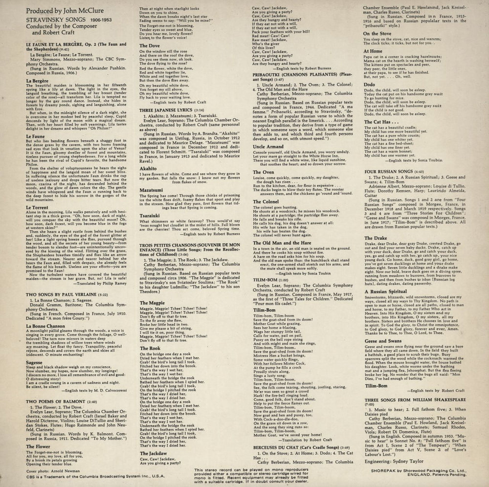 Igor Stravinsky Songs : 1906-1953 UK vinyl LP album (LP record)