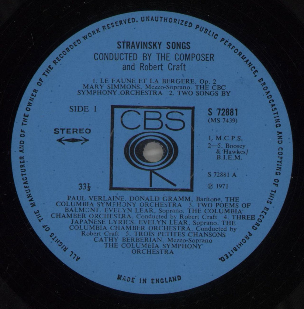 Igor Stravinsky Songs : 1906-1953 UK vinyl LP album (LP record) S0ULPSO879910