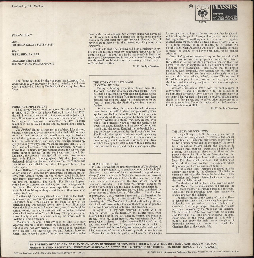 Igor Stravinsky Stravinsky: Petrushka & The Firebird Suite (1919) UK vinyl LP album (LP record)