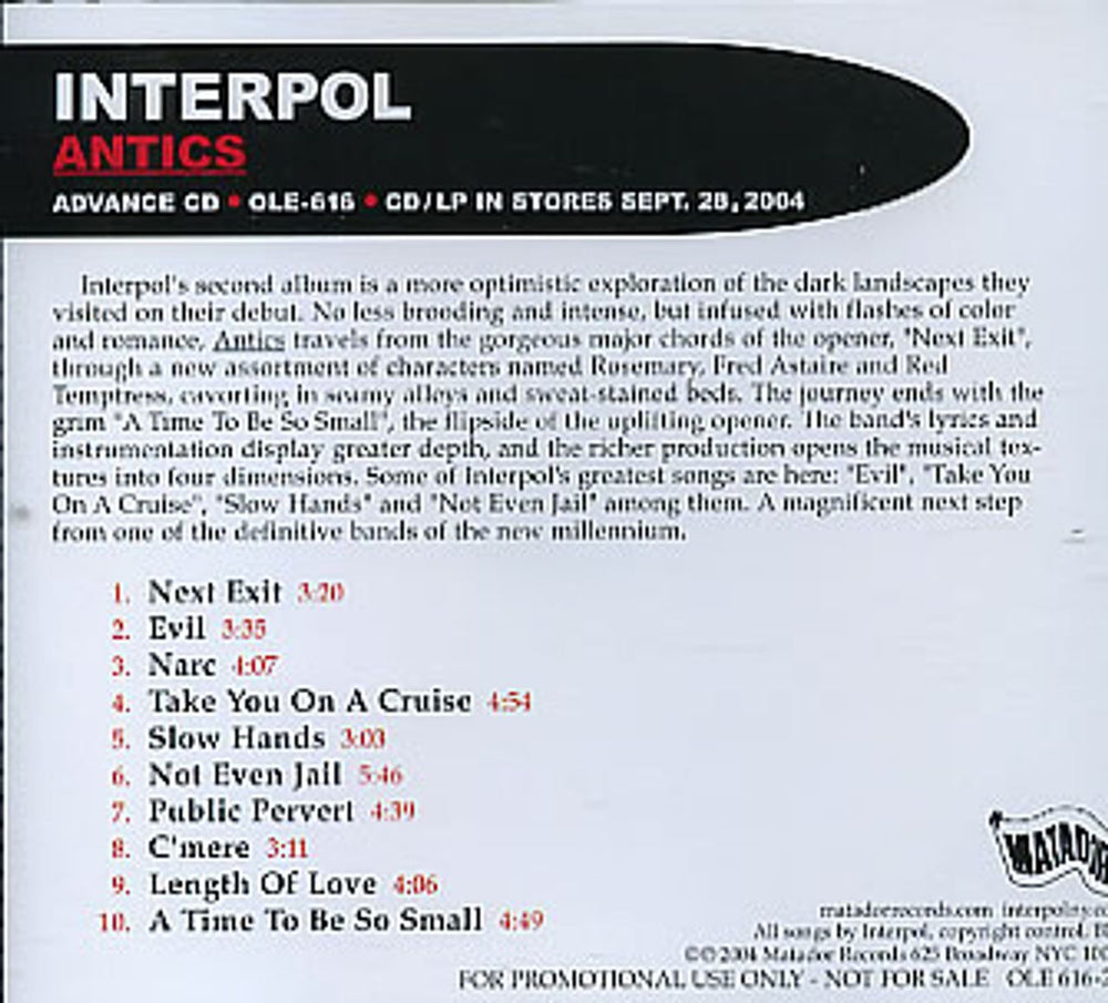 Interpol Antics US Promo CD album (CDLP) OLE616-2V